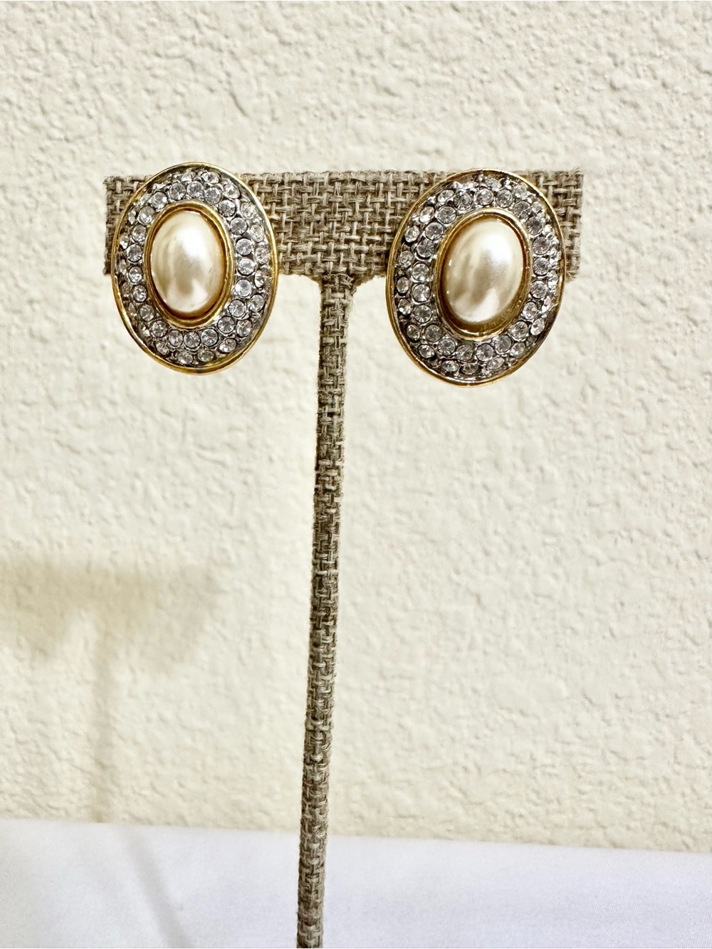 Vintage Gold Plated Pearl and Crystal Oval Clip-On Earrings